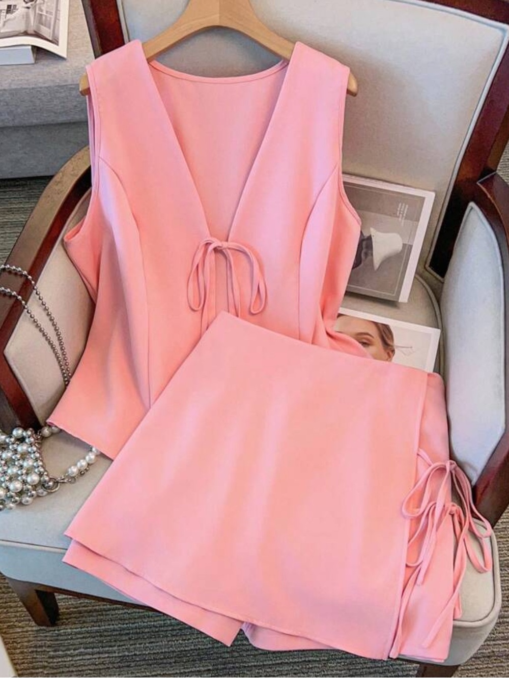 Baby Pink Tie-Front Top & Skort Two-Piece Set